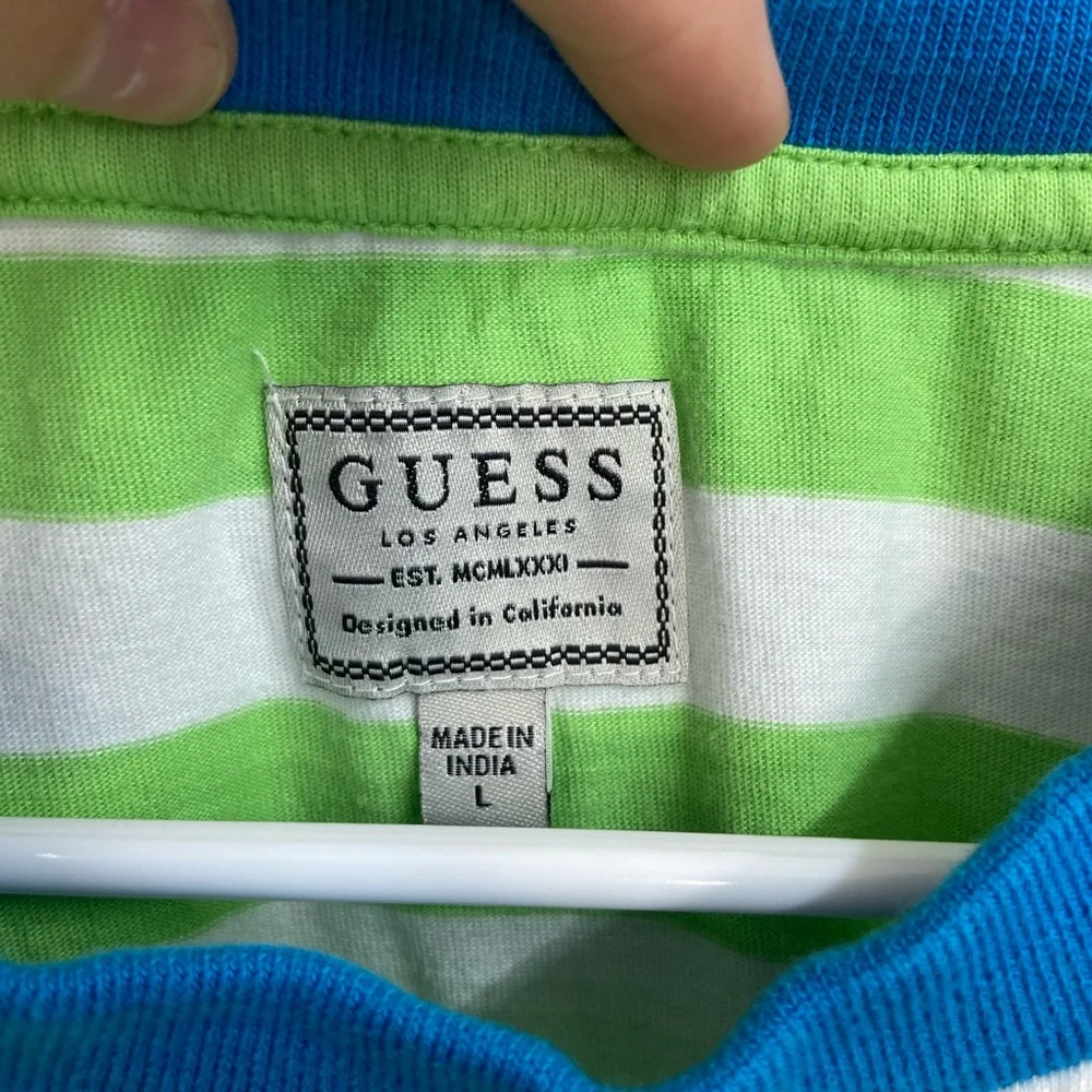Vintage GUESS Los Angeles men’s green white striped embroidered casual‎ shirt L - Picture 5 of 9